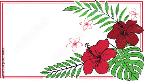 Tropical Floral Frame with Hibiscus and Palm Leaves for Summer Greetings