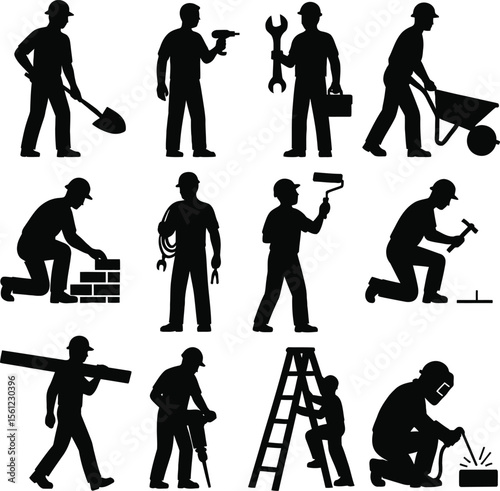 twelve black silhouette figures of workers