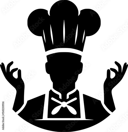 Silhouette of chef with tall hat and apron, kitchen ready and clean