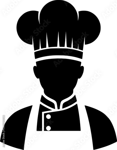 Silhouette of chef with tall hat and apron, kitchen ready and clean
