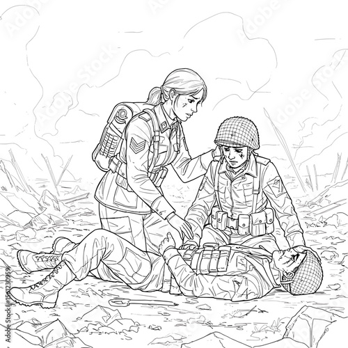 Three soldiers display unity in a battlefield—one injured, two offering support, amid smoke and debris.