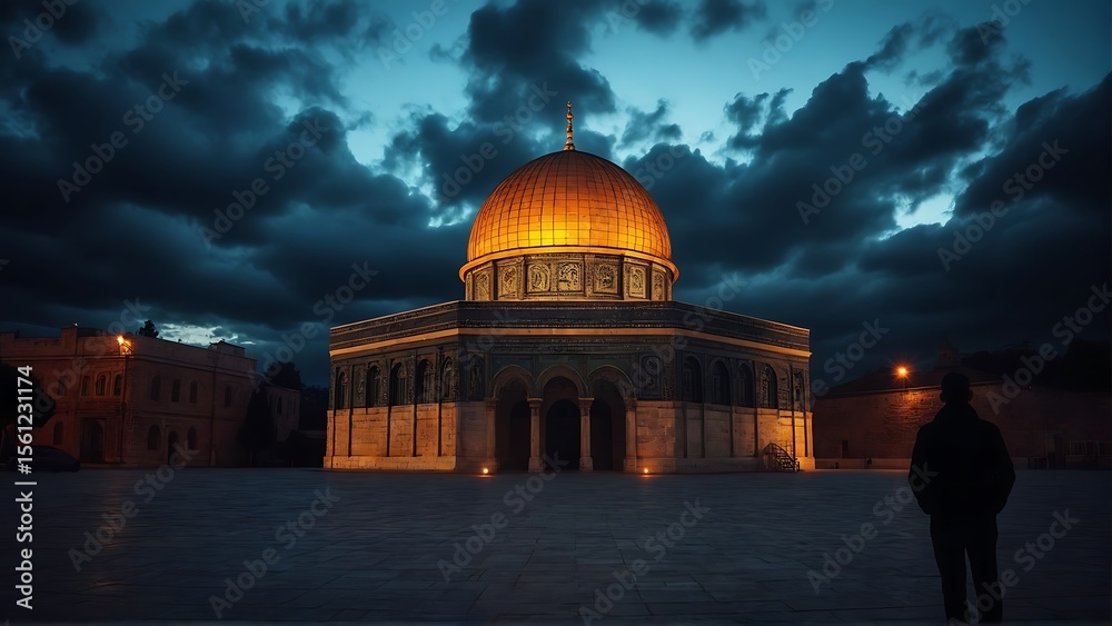 Obraz premium Golden dome of the rock illuminated at dusk with dramatic stormy clouds above