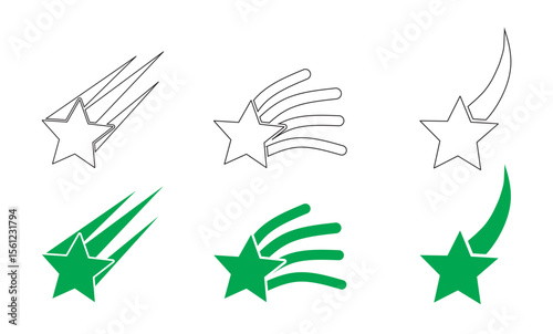 Abstract silhouette of shooting star. Shooting stars icon vector set. Meteorite and comet symbols. Flying comet with tail, falling meteor, abstract galaxy element. Cosmic shine. star icon