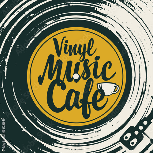 Menu vector or banner for vinyl cafe or music restaurant with old vinyl record, plate, player, cup and lettering in vintage style. Advertising poster, flyer, signboard, logo. No AI used
