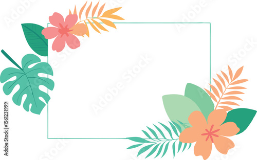 Tropical Flower and Leaf Border Design with Palm Fronds and Monstera Leaves in Soft Colors