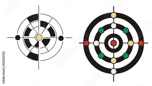 Illustration featuring two circular designs one with black and white segments and the other with colored dots
