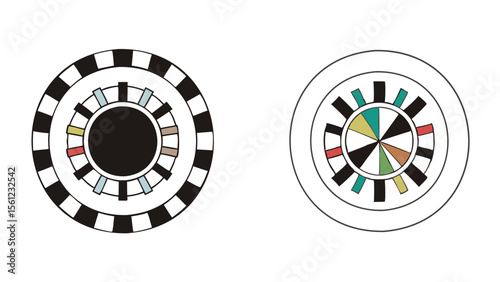 Two circular designs with concentric rings and radial segments featuring different color palettes and styles