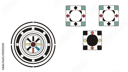 Illustration showing a circular design with concentric rings and squares with circular centers arranged nearby