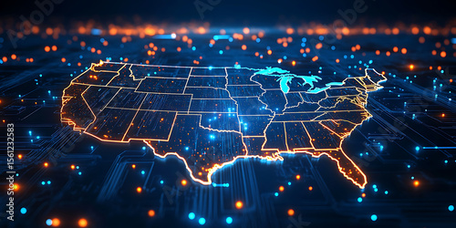 United states map on digital circuit board network connections and glowing data visualization representing technology and innovation future