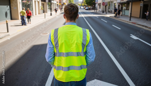 Determined protester in yellow vest standing on empty street, social change