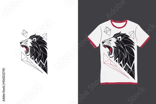 Lion Graphic Tee Design Roaring with Geometric Edge Modern Apparel Statement Piece Bold and Striking Lion Art