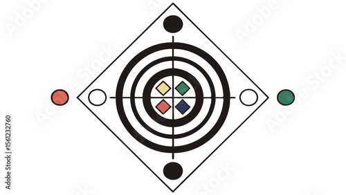 Geometric design featuring a target with colored squares and circles within a diamond shape frame element