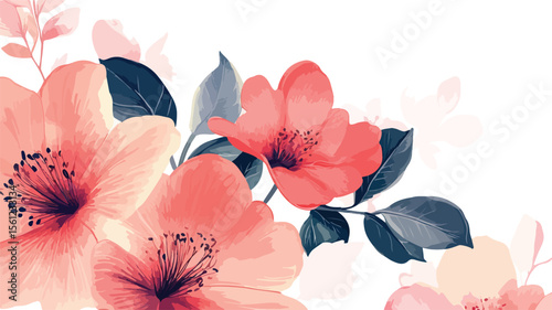 Elegant floral corner arrangement with coral flowers and dark blue leaves