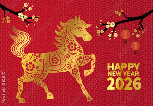 2026 Year of the Horse red greeting card with golden paper-cut style horse pattern, plum blossoms and lanterns