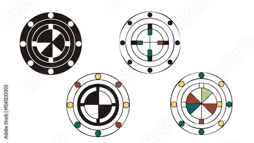 Four circular designs with geometric patterns and colored dots arranged in a symmetrical composition
