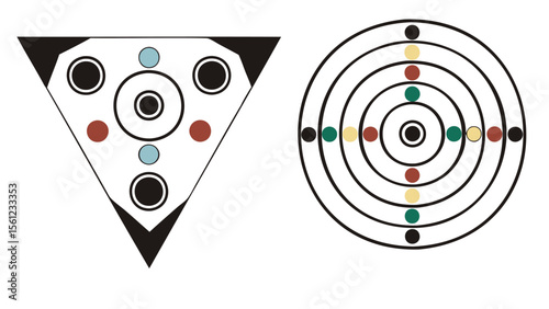 Geometric shapes featuring a triangle with circles and a target design with colored dots shown here