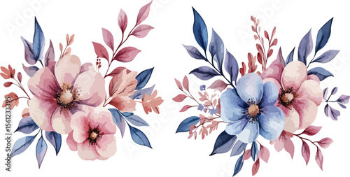 Wallpaper Mural Watercolor Floral Bouquets with Pink and Blue Flowers Isolated on White Torontodigital.ca