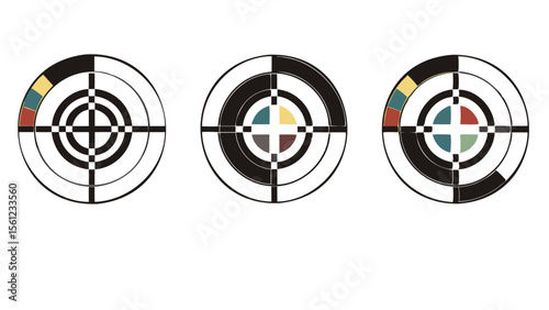 Three targets with variations in color and pattern arrangements in a row on a white background view