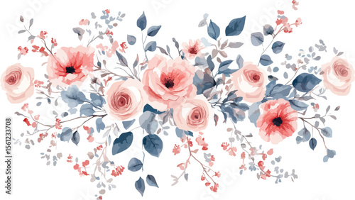 Elegant floral arrangement with pink roses and blue leaves on white