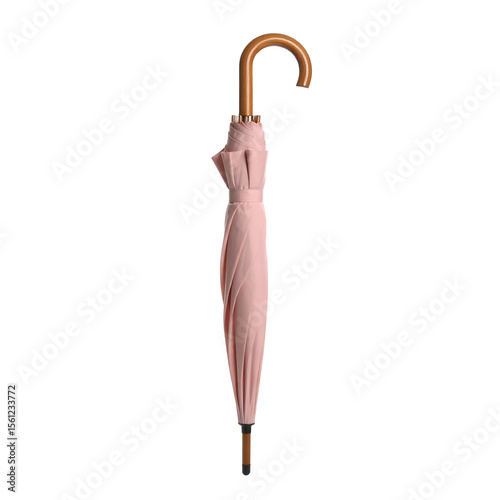 Closed pink umbrella on white background still life photography minimalist style