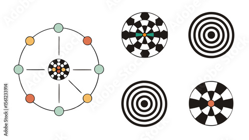 Illustration featuring geometric shapes including circles targets and a central connected circular design