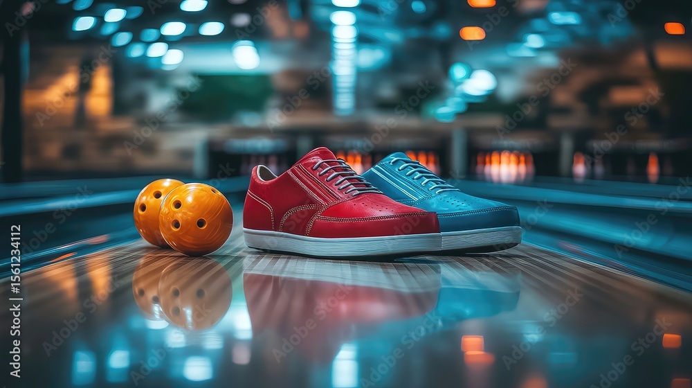 Bowling equipment including shoes, balls, bags, and lanes styled for visual content centered on leisure sports, competitive games, and indoor family entertainment activities