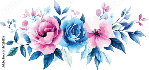 Watercolor Floral Arrangement with Pink and Blue Roses and Leaves