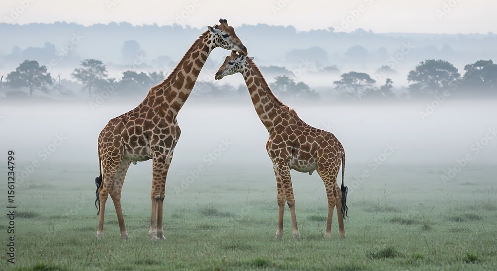 Obraz premium Two Giraffes Touch Heads in Misty Field