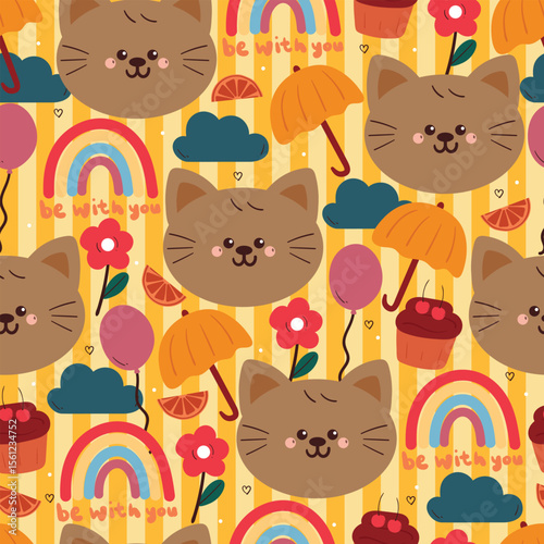 cute seamless pattern cartoon cat with sky element stuff. cute animal pattern in white background for gift wrap paper and wallpaper