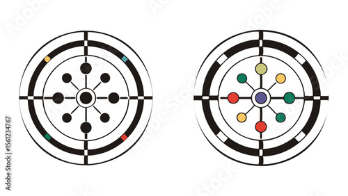 Two circular diagrams with radial symmetry and colored elements against a white background design view