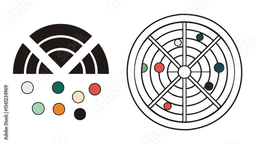 A visual representation featuring semicircular shapes and circular elements with radial lines and dots arranged