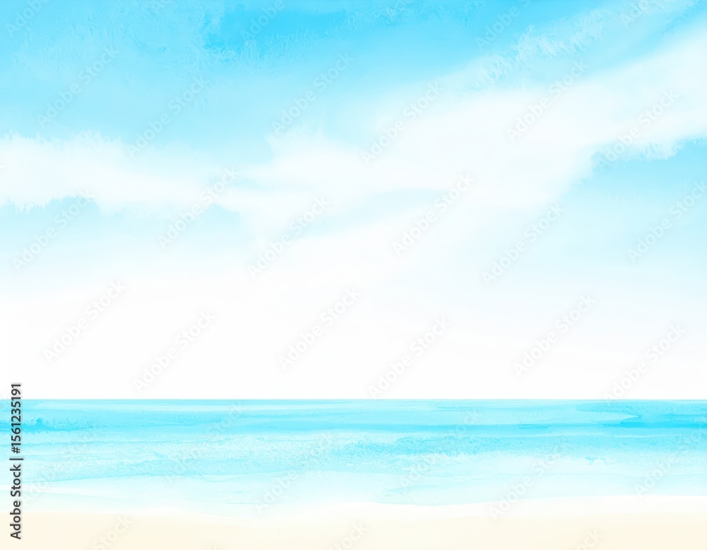 Obraz premium Soft watercolor beach and ocean scene with gentle clouds in a bright sky