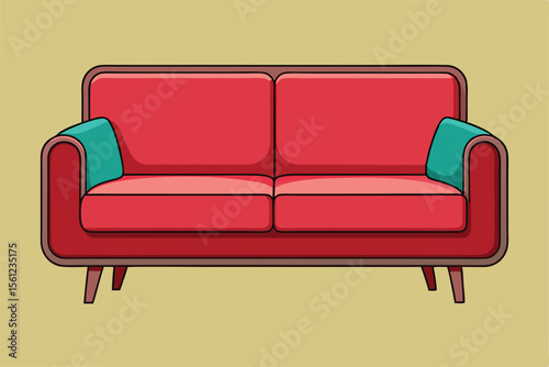 Mid-Century Modern Red Sofa Illustration Cozy Living Room Design