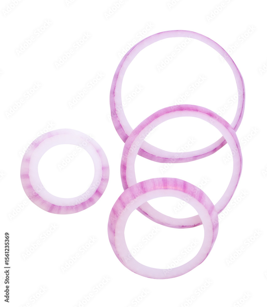 Top view set of fresh red or purple onion rings or slices in stack isolated with clipping path in png format Top view set of fresh red or purple onion rings or slices in stack isolated with clipping path in png format