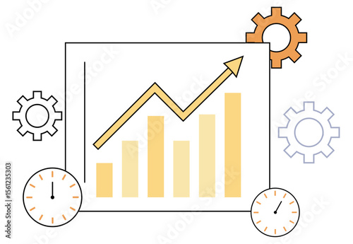 Flat Graph With Rising Efficiency Line, Gear and Clock Icons, Featuring a Business Dashboard Theme for Productivity or Performance Visualization