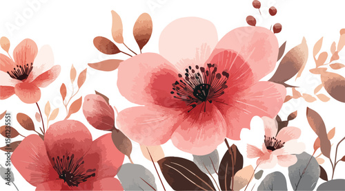 Elegant floral illustration with pink flowers and leaves on white background