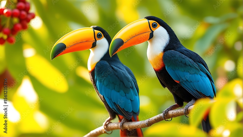 Naklejka premium Two colorful toucans perched on a branch in a lush green forest setting