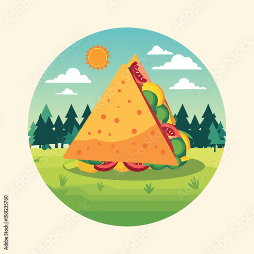 Nachos Stylized Vector Design with Forest and Mountain Elements.
