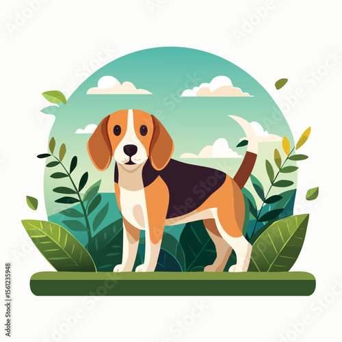 Beagle Flat Vector Illustration Featuring Serene Nature Elements.