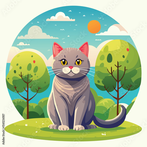 British Shorthair Flat Vector Illustration Featuring Serene Nature Elements.