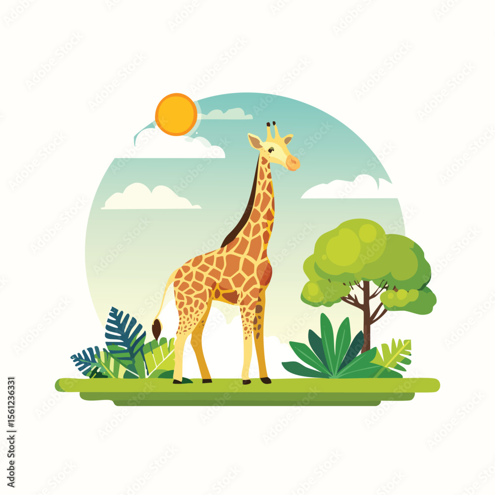 Obraz premium Giraffe Flat Vector Illustration Featuring Serene Nature Elements.
