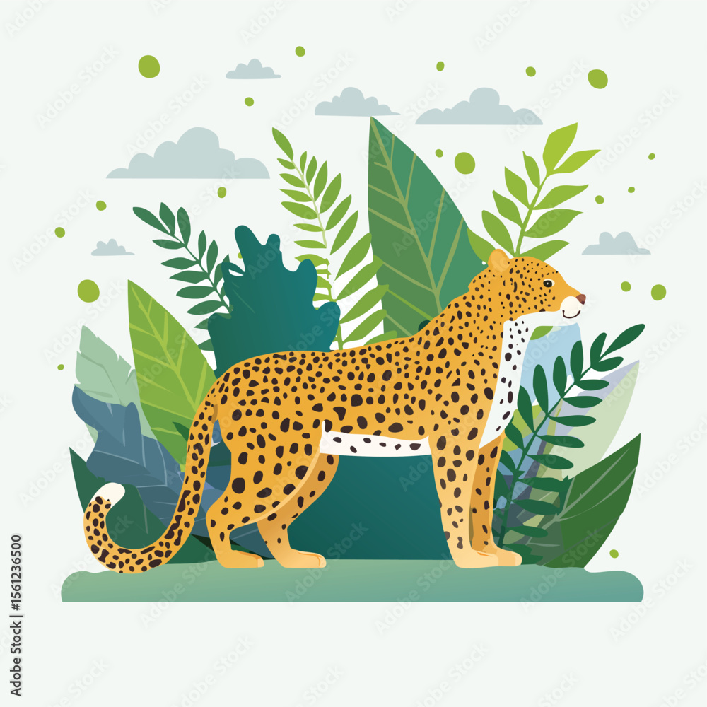 Leopard Flat Vector Illustration Featuring Serene Nature Elements.