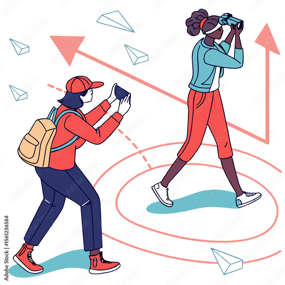 Obraz premium Outdoor Exploration with Navigation Tools — This vector features two characters immersed in outdoor exploration. One, equipped with a camera or phone and yellow backpack, captures the scene, while the