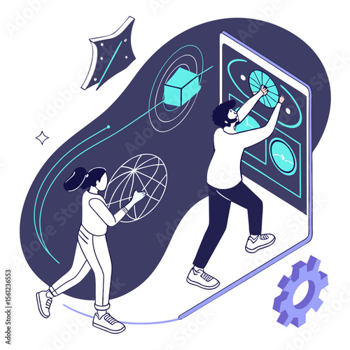 Interactive Tech Collaboration Scene — A futuristic conceptual vector featuring two figures engaged in a digital interface. One person reaches upward to manipulate a glowing circular data diagram, whi