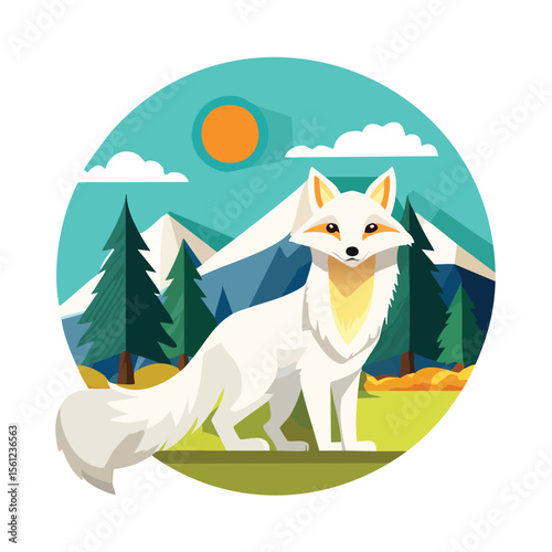 Arctic Fox Flat Vector Illustration Featuring Serene Nature Elements.