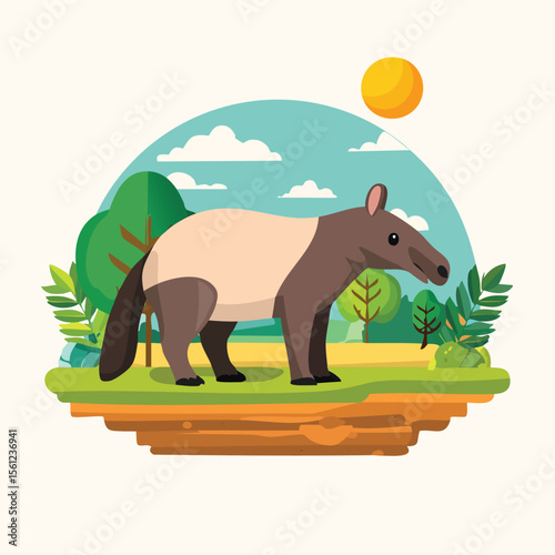 Tapir Flat Vector Illustration Featuring Serene Nature Elements.