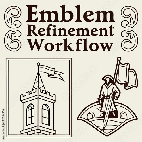 Emblem Refinement Workflow — Scene II — This vector continues the emblem refinement narrative with two symbolic illustrations: a tower with a flag housed in a precise frame on the left, and a characte
