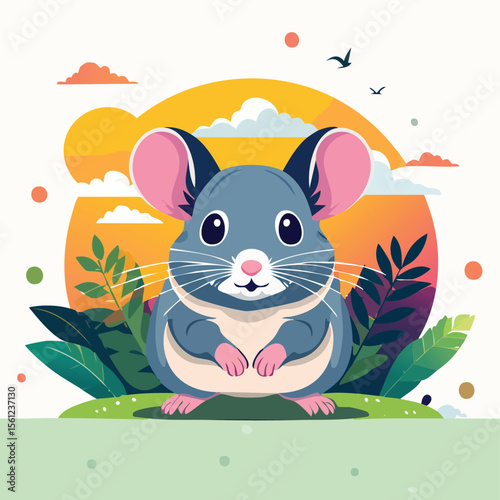 Chinchilla Flat Vector Illustration Featuring Serene Nature Elements.