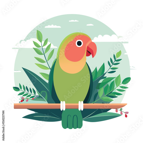 Lovebird Flat Vector Illustration Featuring Serene Nature Elements.