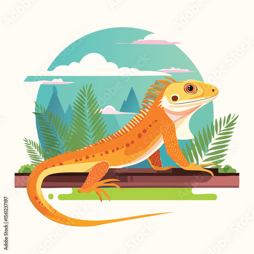 Bearded Dragon Flat Vector Illustration Featuring Serene Nature Elements.